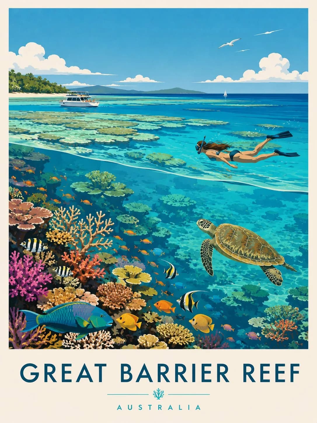 Vintage Travel Poster of the Great Barrier Reef AI photo prompt example on PhotoReady