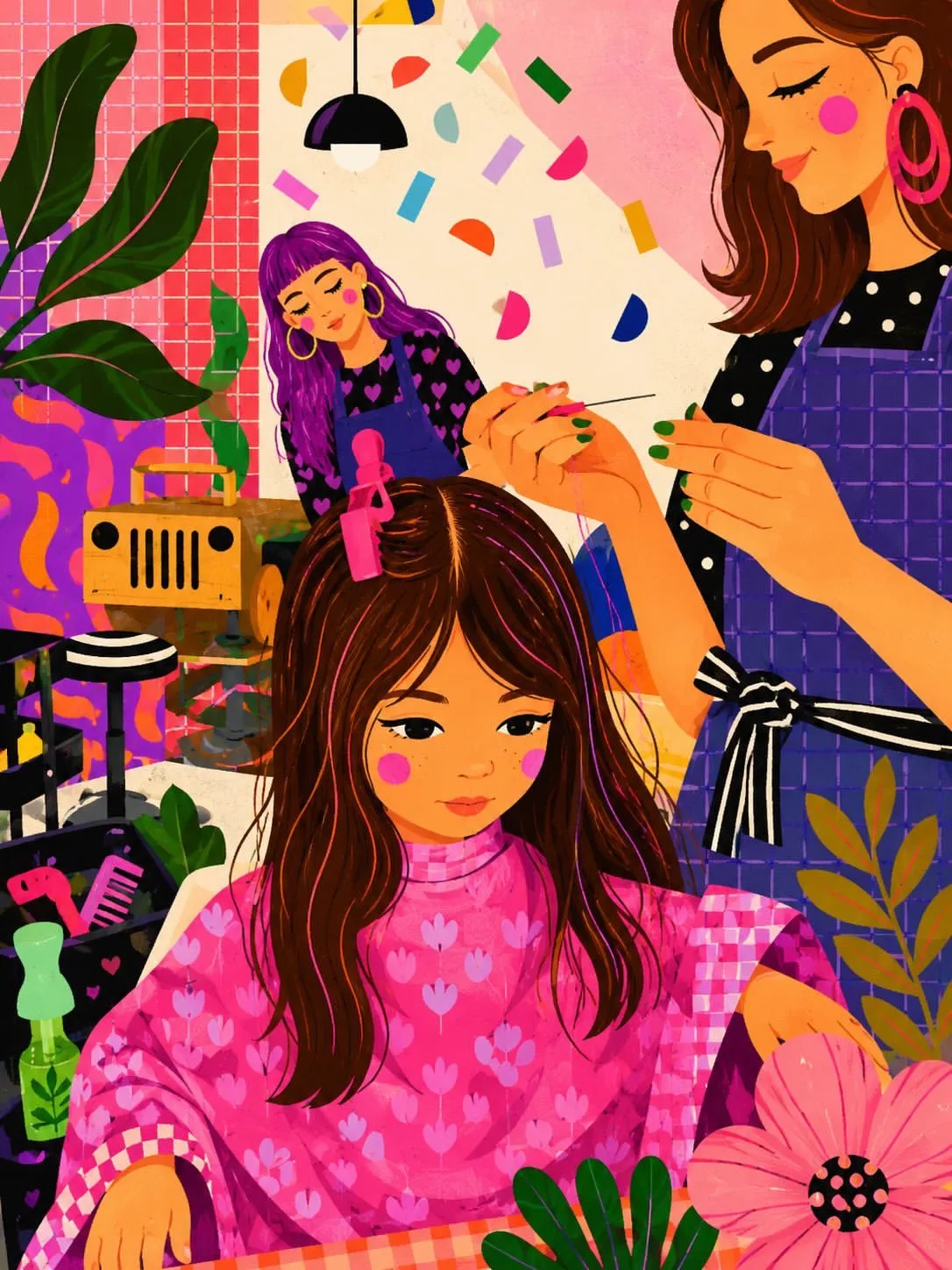 Cozy Indie Hair Salon Illustration AI photo prompt example on PhotoReady
