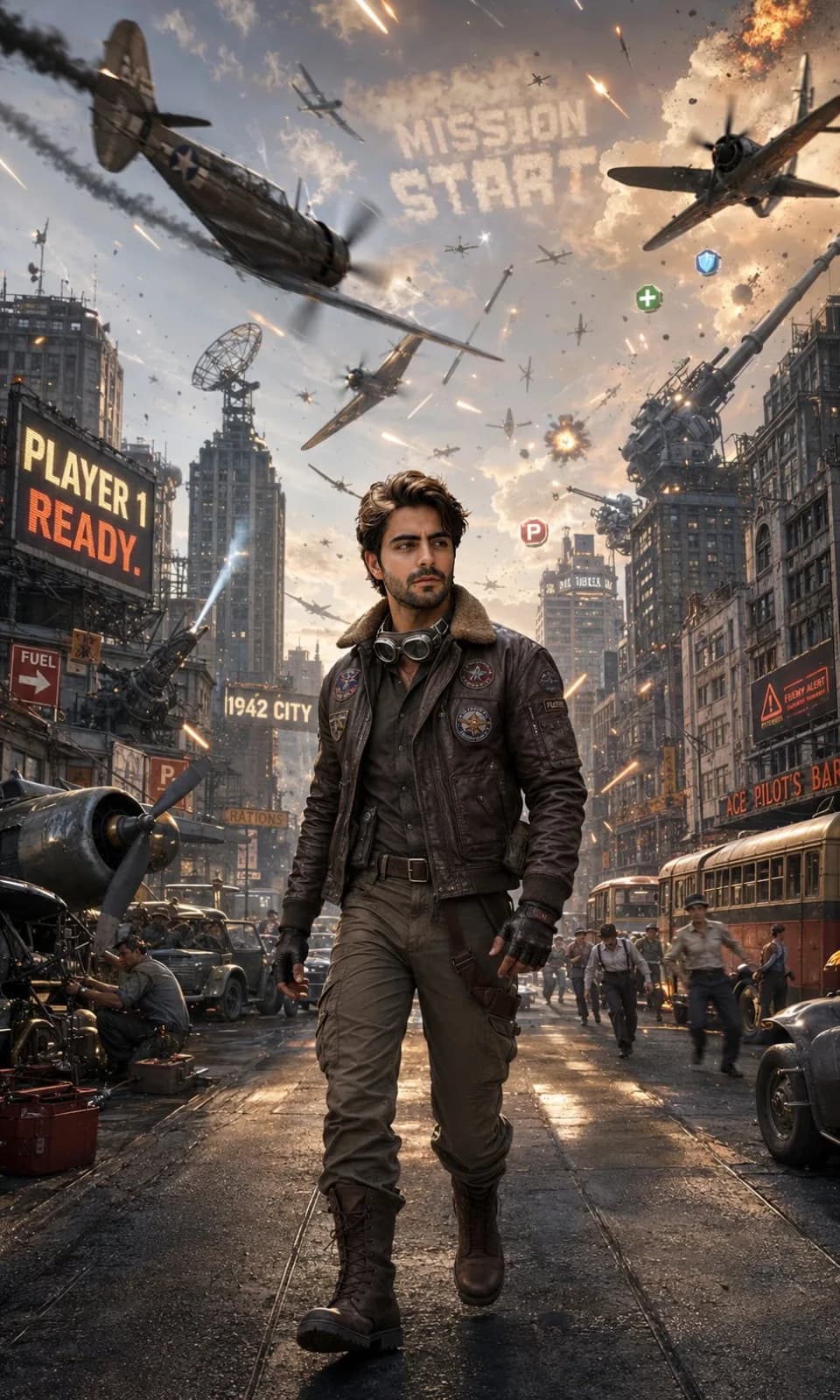 1942 Arcade Shooter City Scene AI photo prompt example on PhotoReady