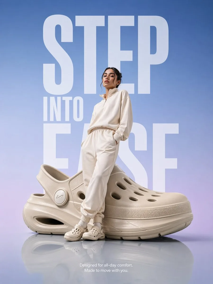 Oversized Comfort Clog Campaign AI photo prompt example on PhotoReady