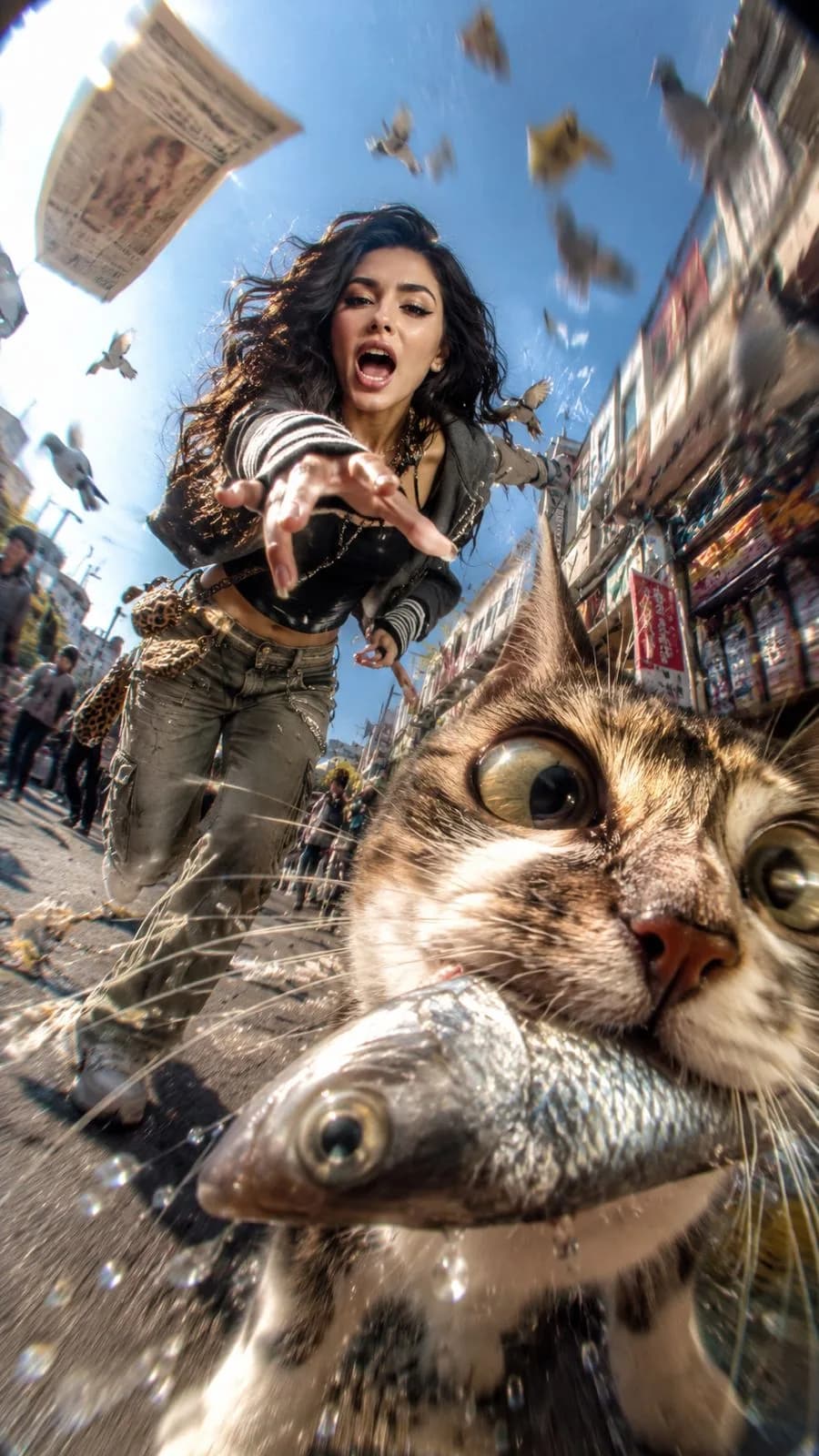 Chaotic Cat Chase in Urban Street AI photo prompt example on PhotoReady
