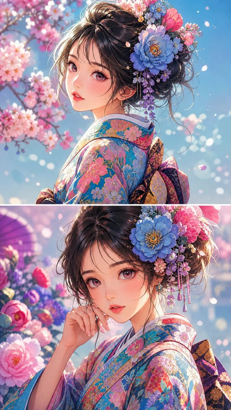 Vibrant Floral Kimono Anime Portrait AI photo prompt example on PhotoReady