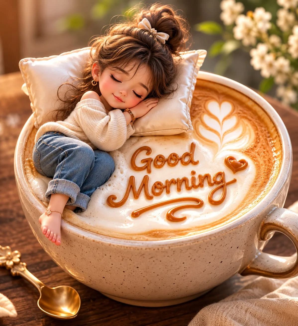 Cute Miniature Girl Floating on Latte AI photo prompt example on PhotoReady