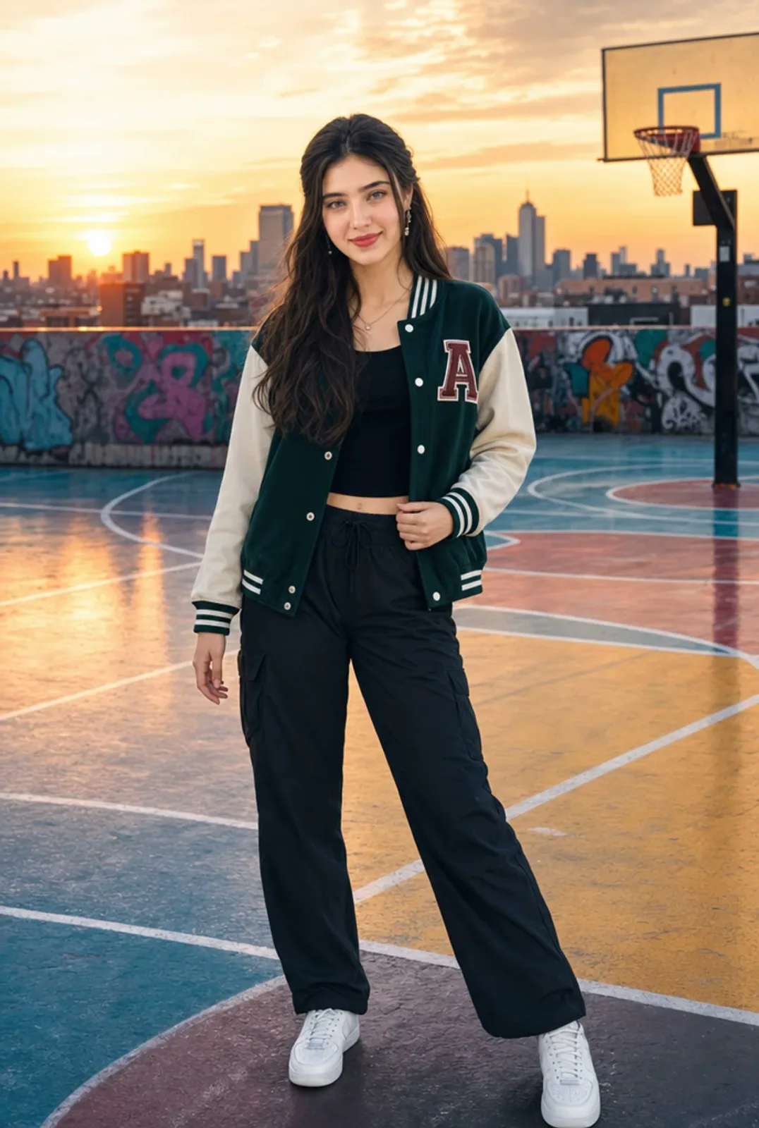 Sunset Portrait on Urban Rooftop Basketball Court AI photo prompt example on PhotoReady