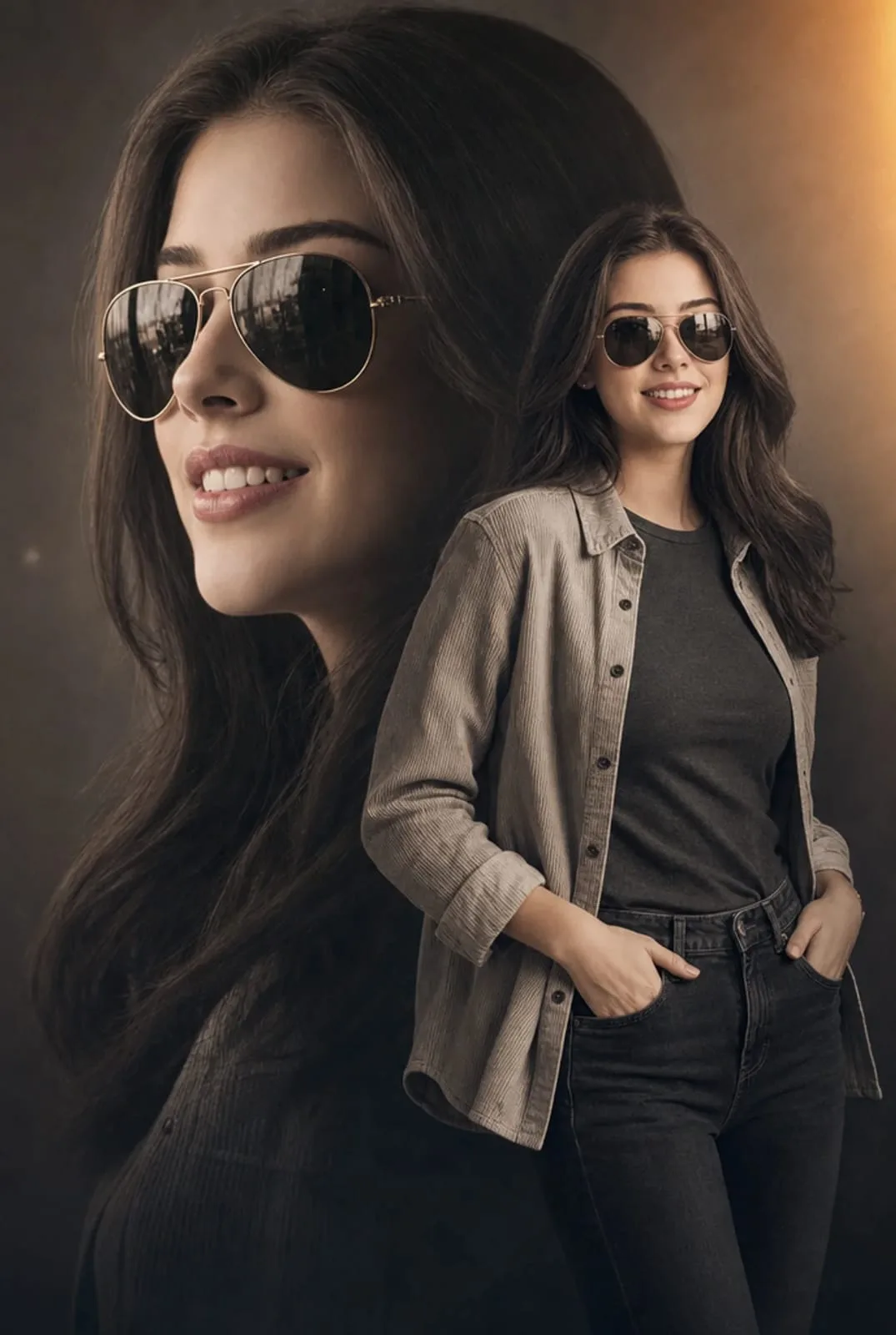 Cinematic Double-Exposure Fashion Portrait AI photo prompt example on PhotoReady