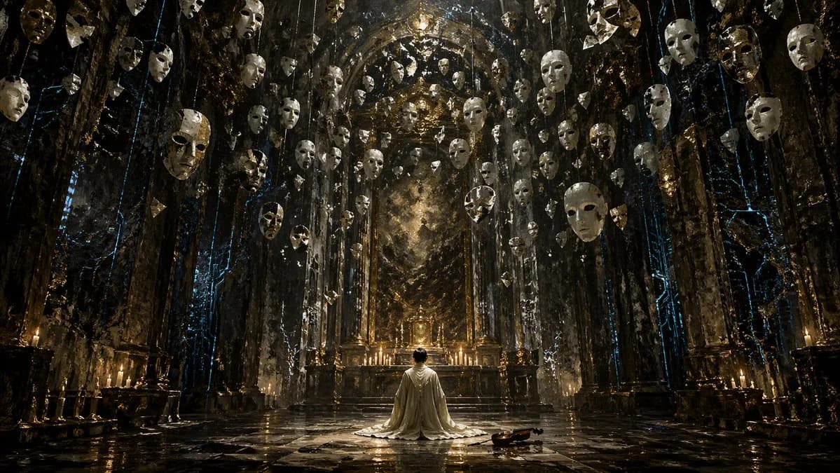 Grand Gothic Cathedral Hall Cinematic Wide Shot AI photo prompt example on PhotoReady