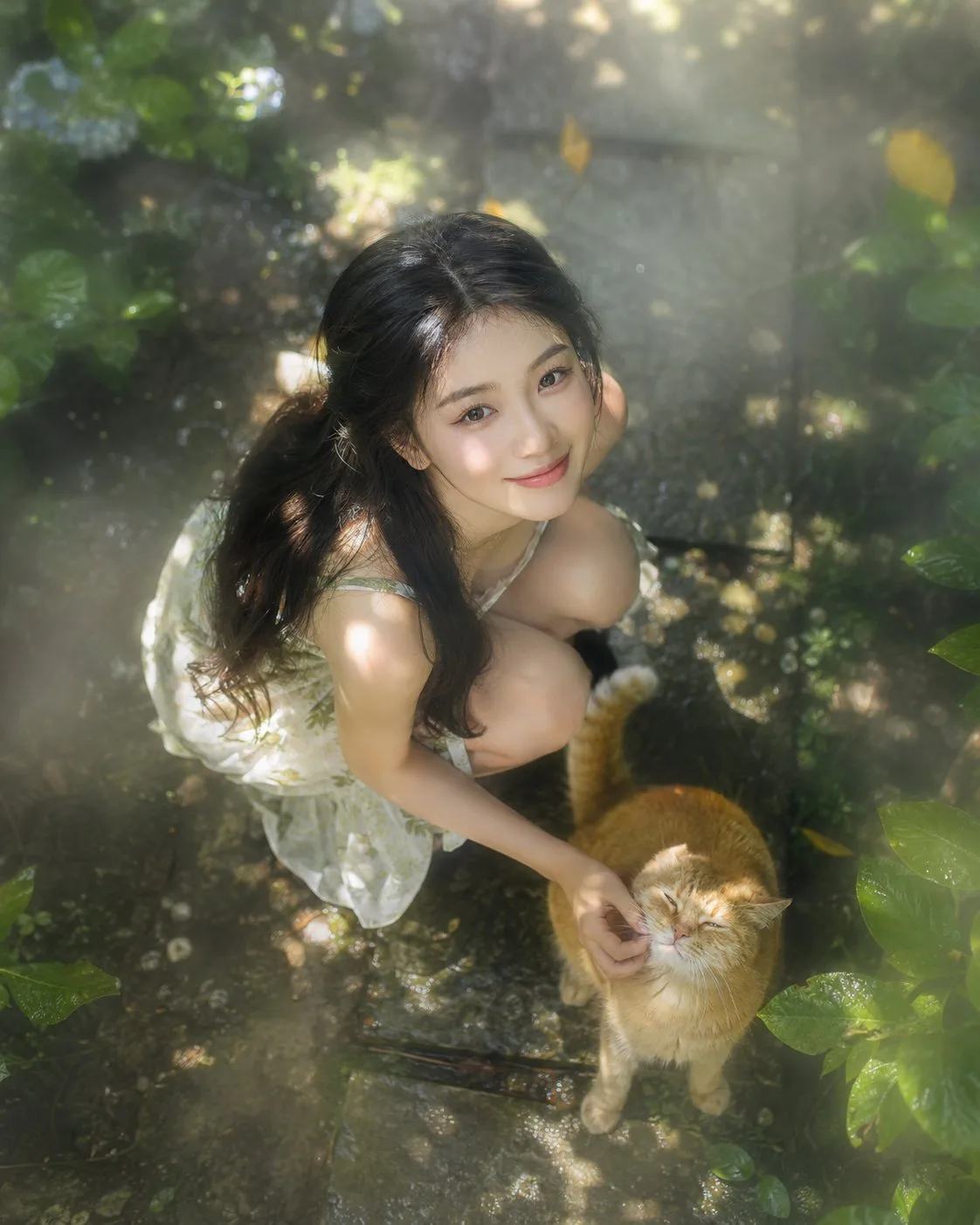 Overhead Shot of Young Asian Woman in Garden AI photo prompt example on PhotoReady