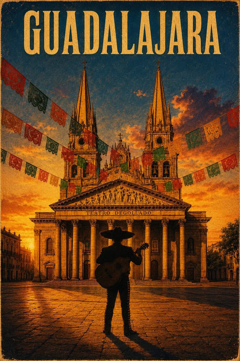 Cinematic Vintage Movie Poster for Guadalajara AI photo prompt example on PhotoReady
