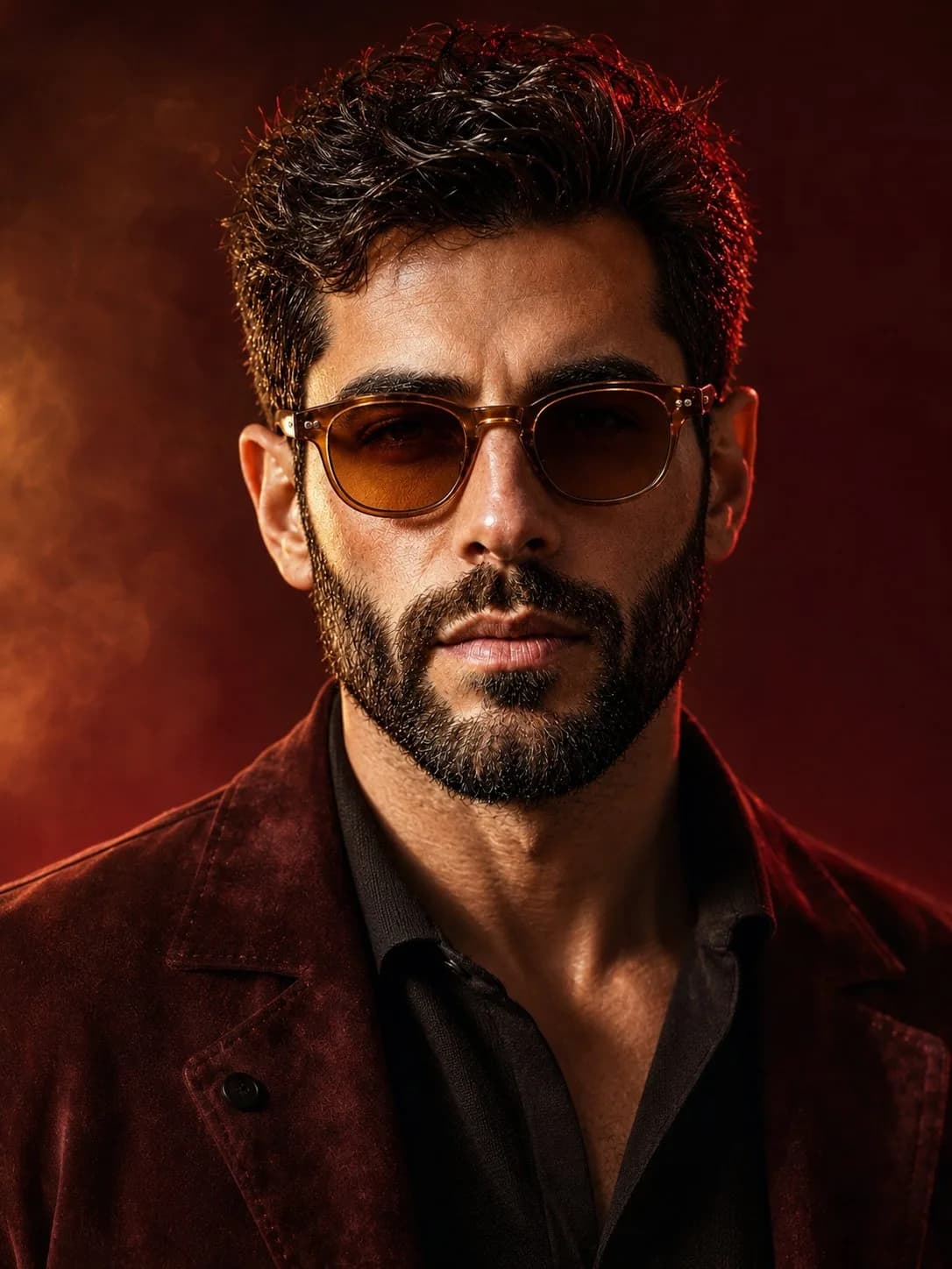 Cinematic Portrait of a Stylish Man in Burgundy Attire AI photo prompt example on PhotoReady
