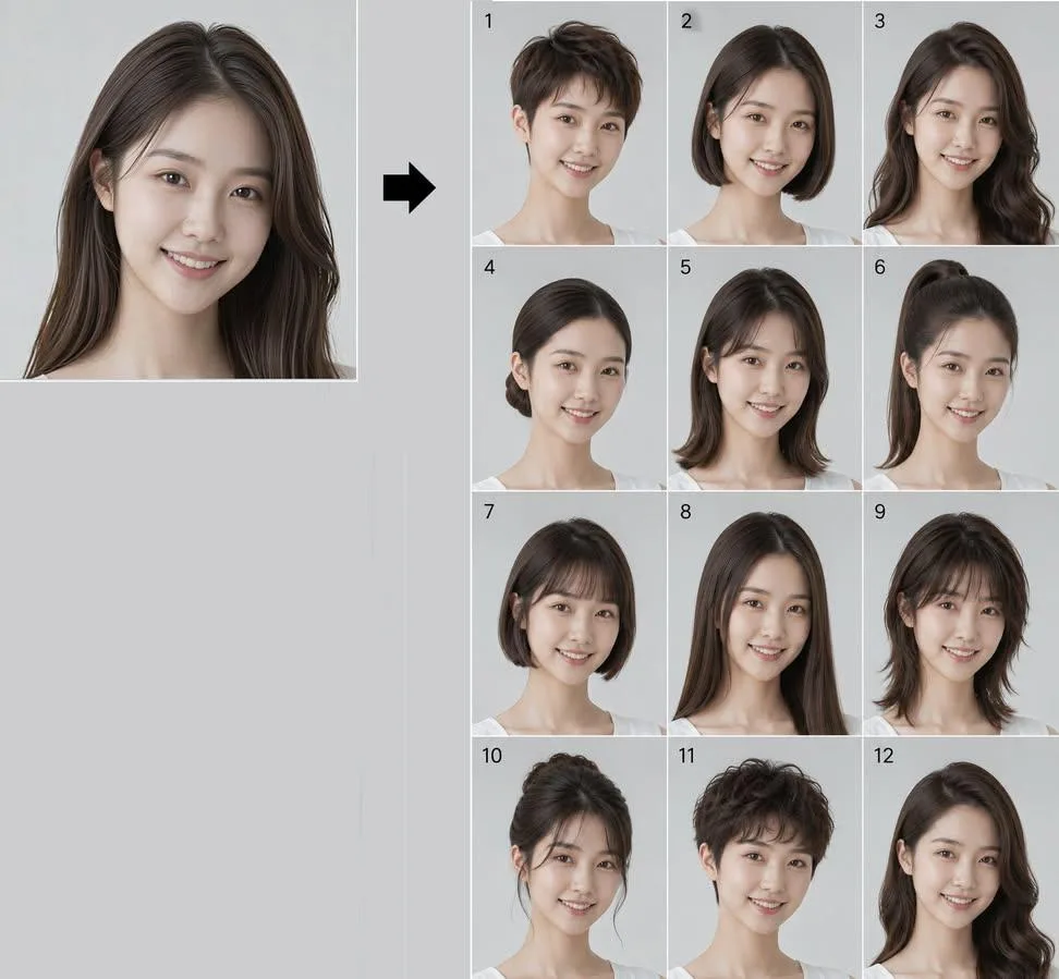 12 Different Hairstyles Lookbook for One Person AI photo prompt example on PhotoReady