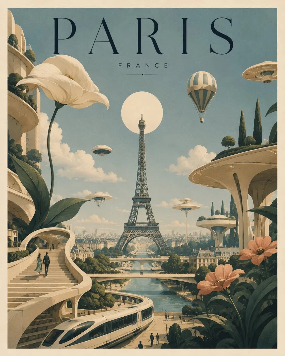 Dreamlike Futuristic City Editorial Art Poster AI photo prompt example on PhotoReady