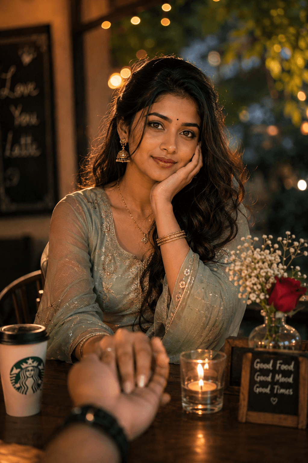 Romantic Café Couple Portrait – Cinematic Love AI photo prompt example on PhotoReady